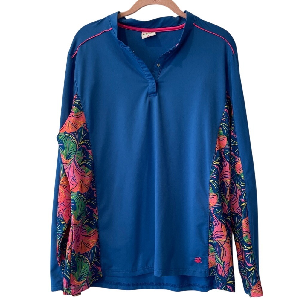 Birdies & Bows Blue Tropical Long Sleeve‎ Golf Shirt Top XL